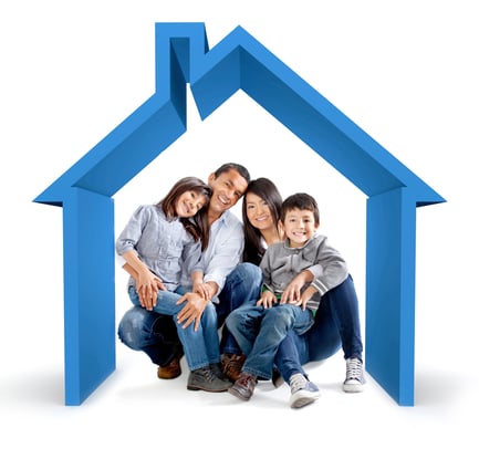 Beautiful family in a 3D house - isolated over a white background